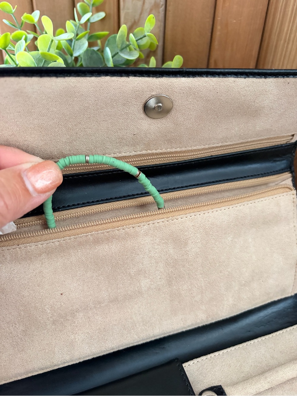 Black Patent Leather and Beige Suede Jewelry Roll Travel Organizer, Red Envelope - Picture 8 of 11